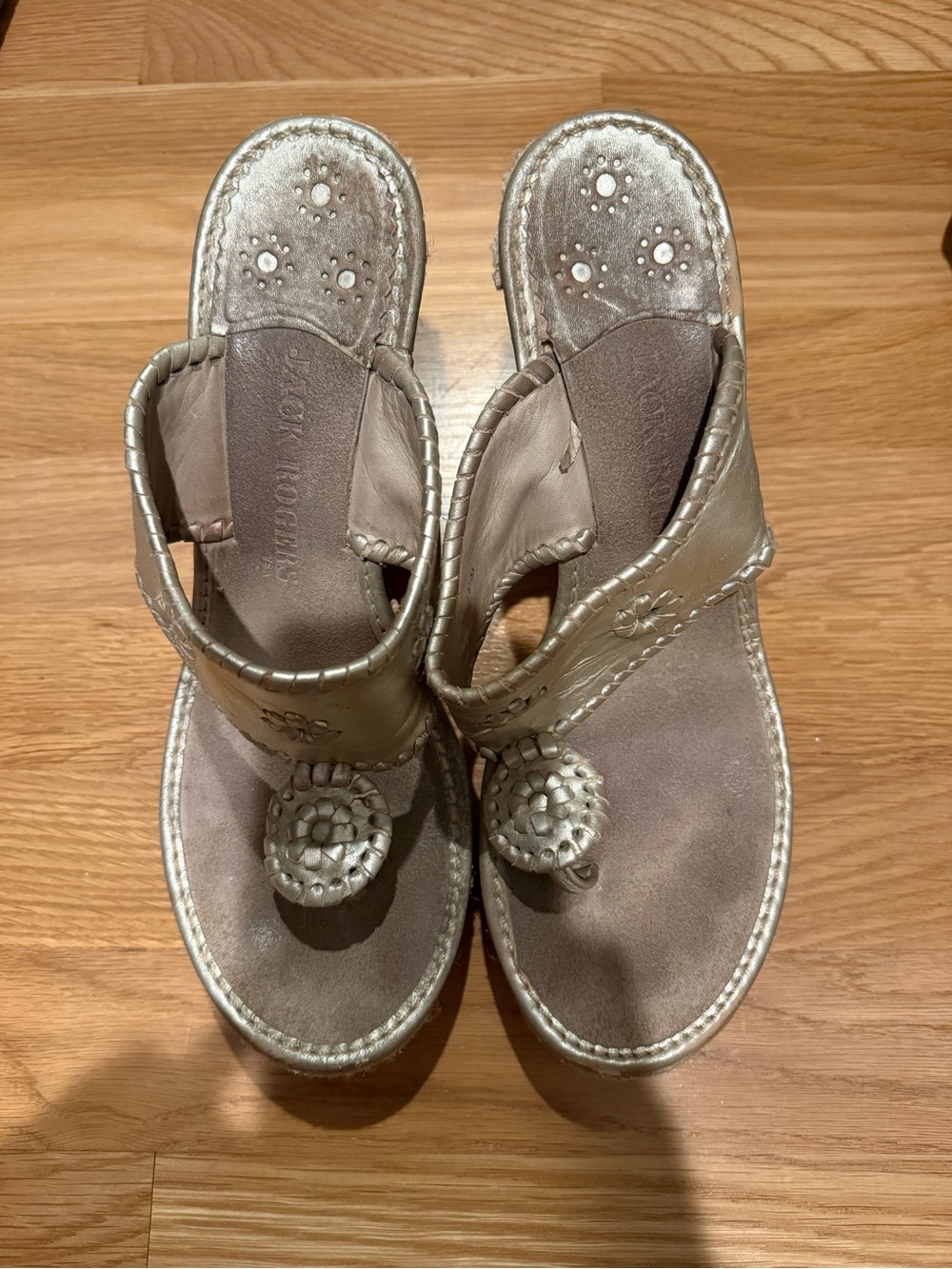 Vintage Jack Rogers Metallic Silver Thong Espadrille Wedge Sandals